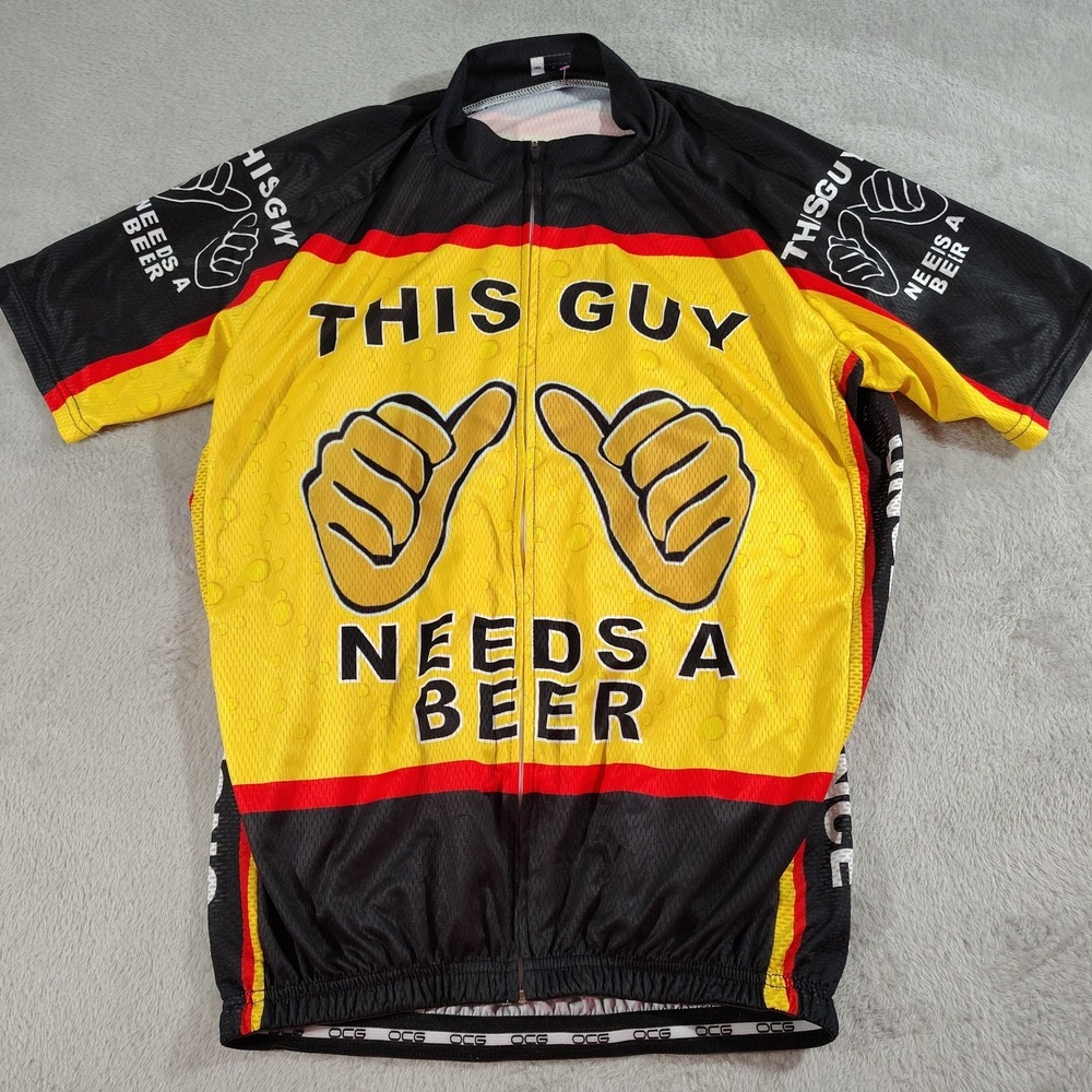 OCG This Guy Needs a Beer Cycling‎ Jersey Men XL Yellow/Black Biking Pockets
